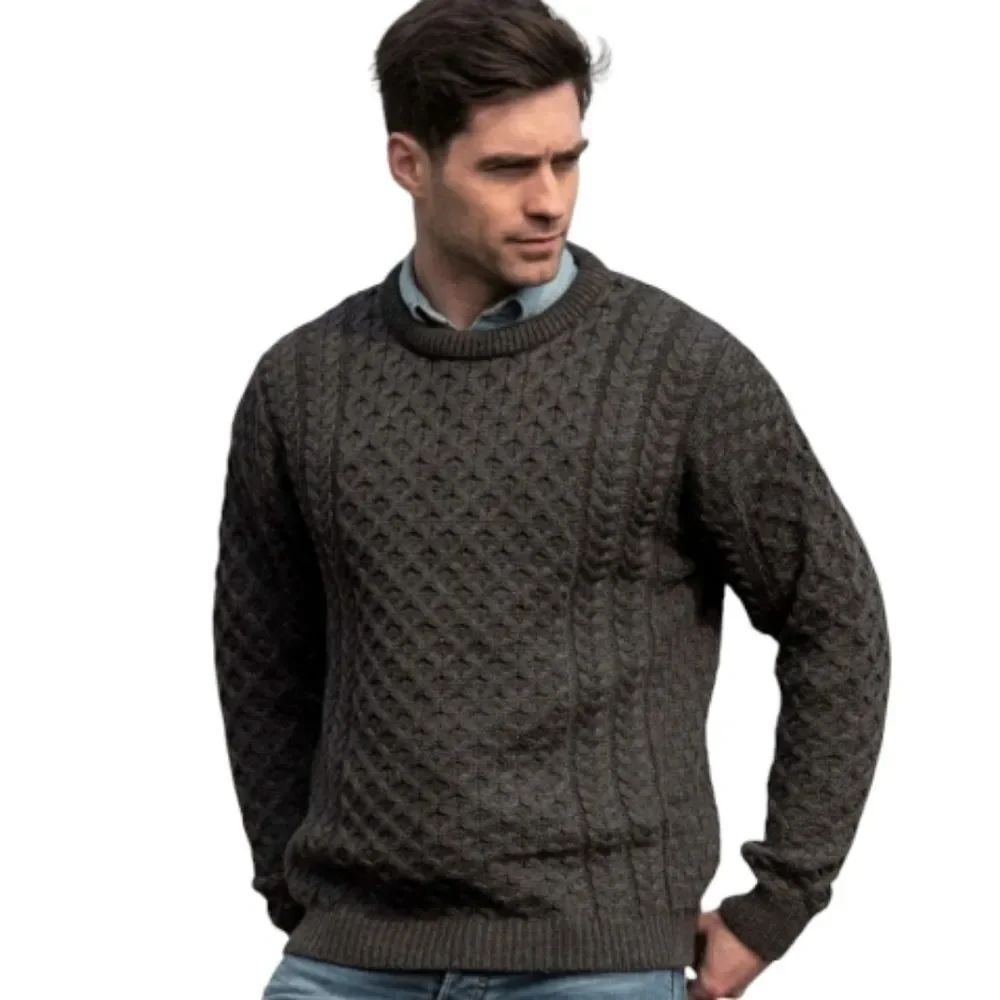 Ireland Aran Crafts Men's Charcoal Gray Cable Knit Crewneck Sweater Wool
